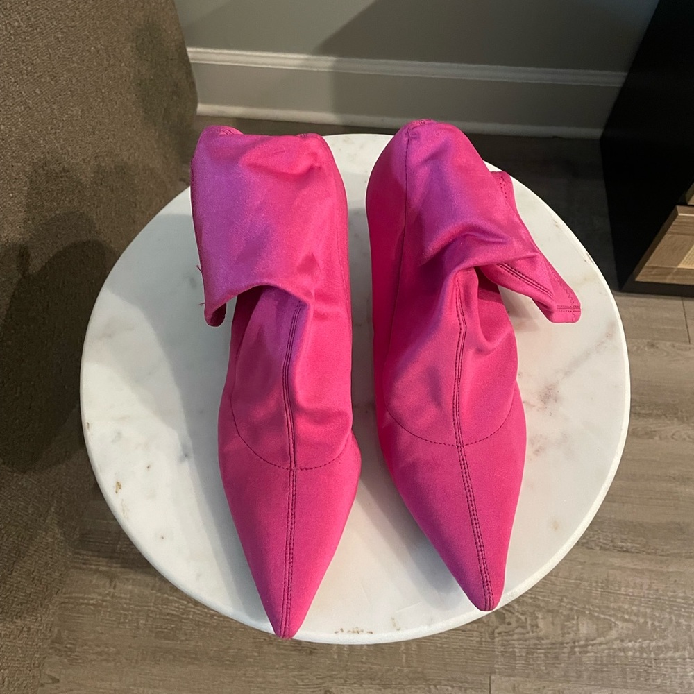 Pink Satin Pointed Toe Kitten Heel Booties
